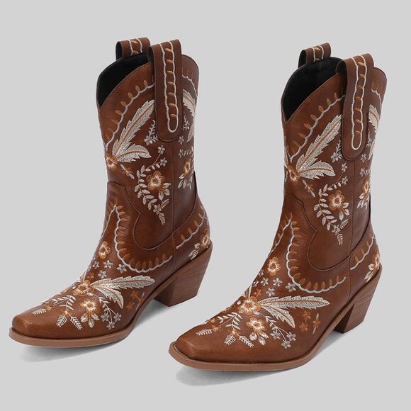 LIPUIXI Western Boots Women's Brown Synthetic Pull On Floral Low Chunky Heel - Picture 3 of 8